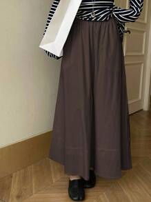 DAZY Chân váy chữ A màu trơn, dáng suông, cạp chun, thích hợp cho nữ, mùa thu. - màu nâu - Xem 4