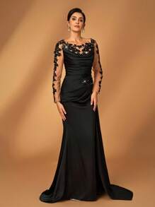 Serin Váy dài tay màu đen thanh lịch và sang trọng, có thêu, ren, hạt, đá giả, vải satin co giãn, cổ áo xếp nếp, viền đuôi cá, thích hợp cho đám cưới, tiệc tùng, vũ hội, dạ hội - Thiết kế tinh xảo - màu đen - Xem 5