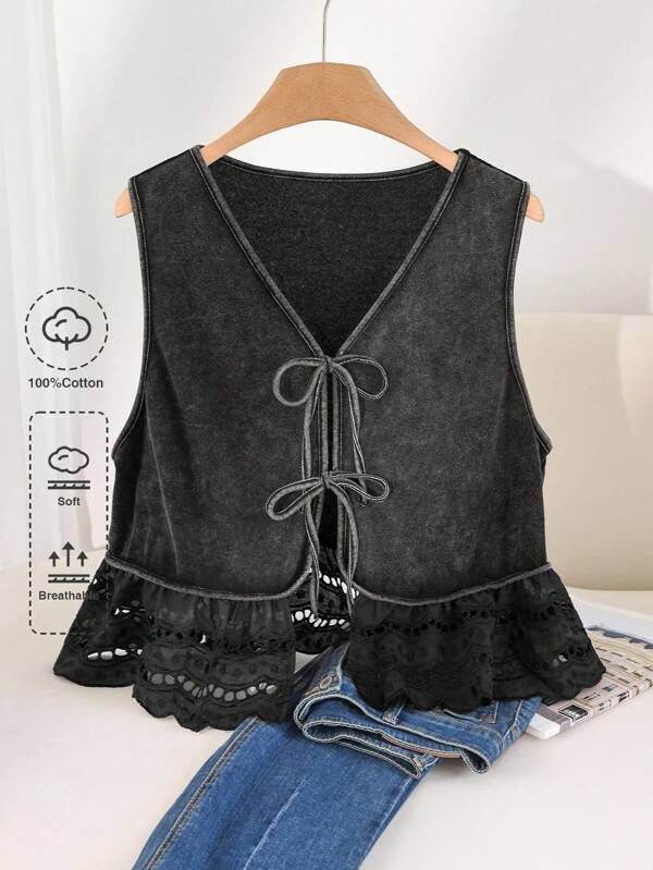 CosyJoli Plus Size Casual Washed Distressed Bowknot Sleeveless Open Front T-Shirt