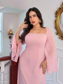 Firerie Plus Size Romantic Pink Chiffon Patchwork Square Neck A-Line Dress, Suitable For Renaissance Fair, Graduation,Formal Dresses For Women - Pink - View 6