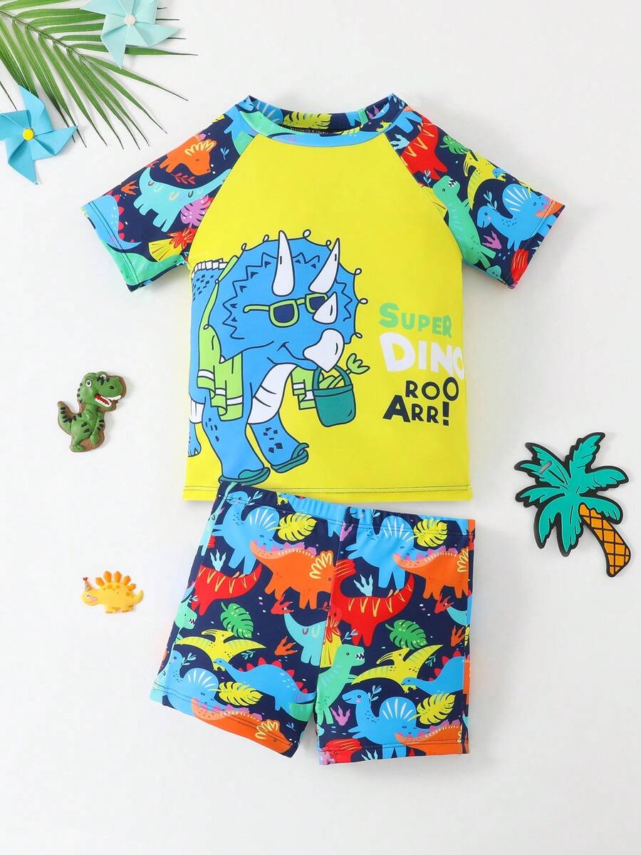 Young Boy Dinosaur Print Swimwear Set, Summer Holiday Beach