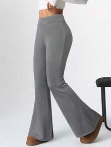 SHEIN EZwear 女式休闲深灰色修身喇叭裤，带保暖衬里 - 深灰色 - 查看 4