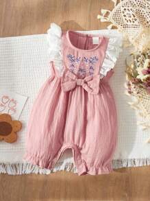 Blossori Baby Girl Floral Embroidered Ruffled Trim Jumpsuit, Vacation Countryside Style - Pink - View 1
