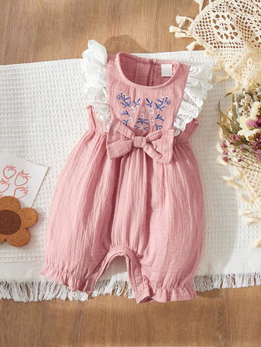 Blossori Baby Girl Floral Embroidered Ruffled Trim Jumpsuit, Vacation Countryside Style - Pink - View 1
