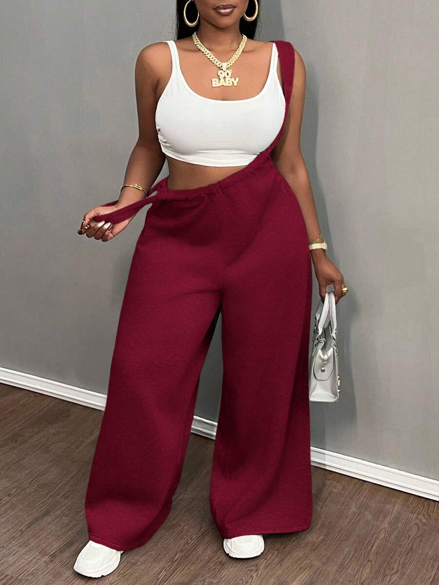 Slaydiva Casual Solid Color Wide Leg Drawstrings, Fashionable Sleeveless Jumpsuit