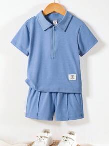 SHEIN Playful Pals 2pcs/Set Young Boy Casual Polo Shirt T-Shirt And Shorts Set, School, Campus, College
