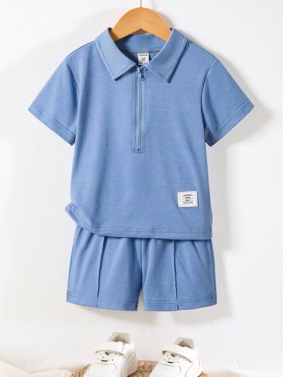 SHEIN Playful Pals 2pcs/Set Young Boy Casual Polo Shirt T-Shirt And Shorts Set, School, Campus, College