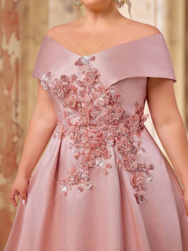 SHEIN Belle Plus Size Summer Elegant Gorgeous Romantic Champagne Bright Satin Luxurious Sequin Embroidery Applique Design One Shoulder Cap Sleeve Pleated Oversized Skirt Suitable For Dinner Bachelorette Party Date Dance Vacation Homecoming Graduation Season Wedding Event Evening Dress (Heavy Model)