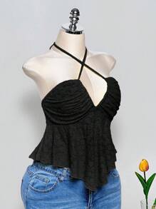 SHEIN ICON Áo crop top dệt kim jacquard màu vàng hở lưng Criss-Cross Halter cỡ lớn, phù hợp cho mùa hè, kỳ nghỉ, Y2K - màu đen - Xem 4