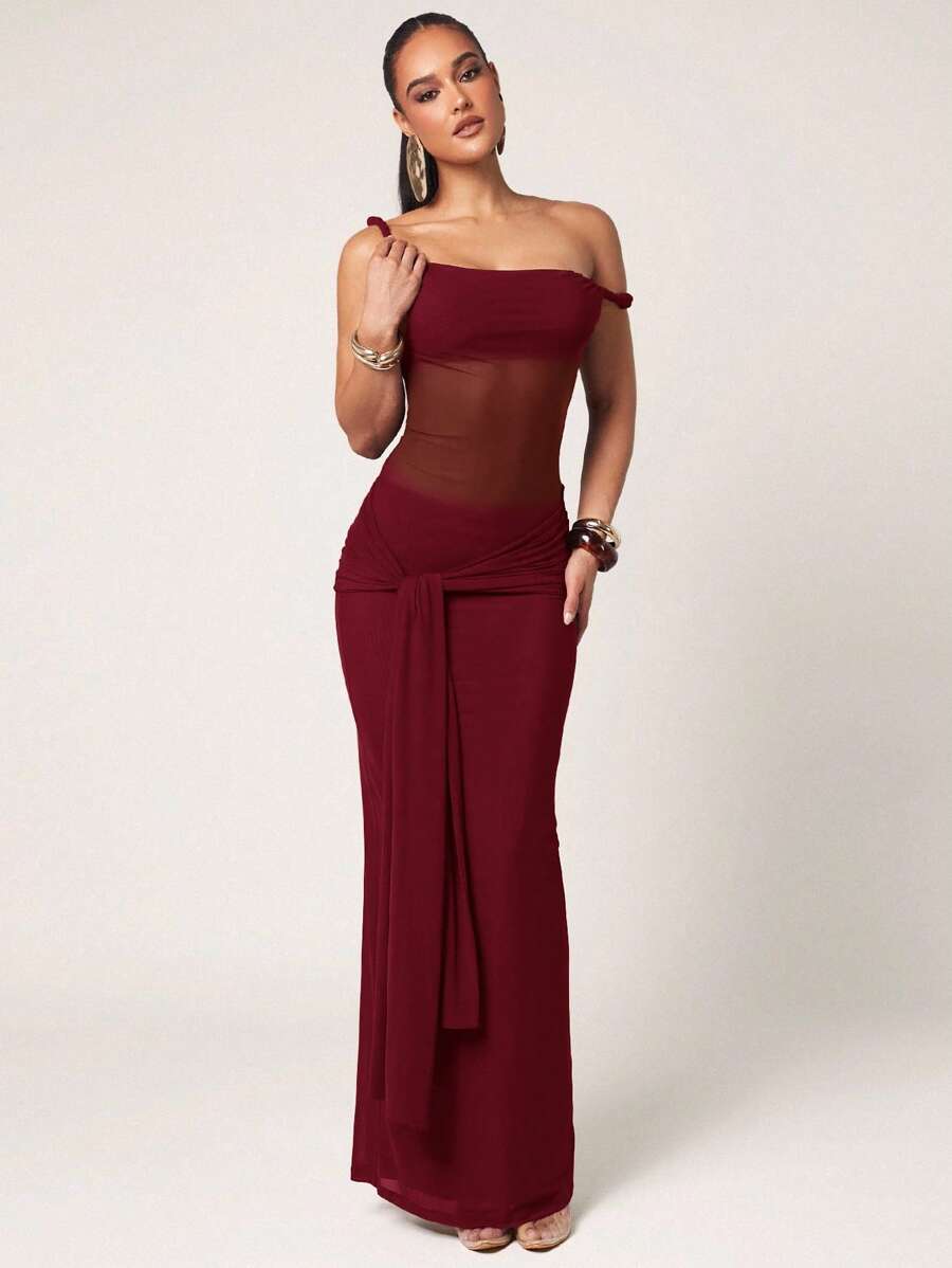 Silquee 女式简约纯色不对称领口紧身连衣裙，夏季 - 酒紅色 - 查看 1