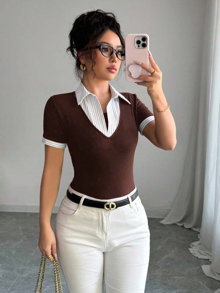 Rafferiza 法式风格女士办公室，端庄复古外观二合一商务休闲 T 恤