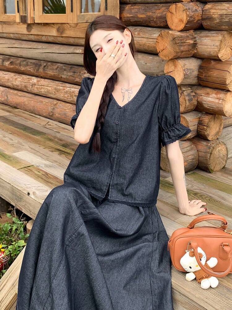Women Casual Washed Shirt And Denim Skirt 2-Piece Set