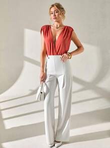 CLARA VERO Body con escote pronunciado, fruncido, de color naranja quemado, de estilo elegante y casual