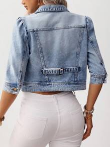 SHEIN Clasi Plus Size Solid Color Front Button Pocket Casual Denim Jacket - Blue - View 3