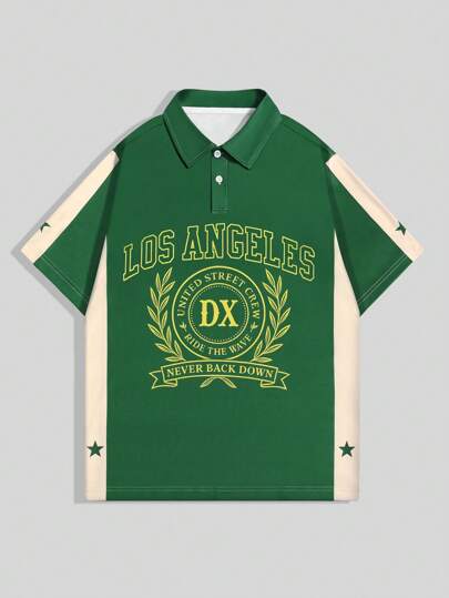 Prep Herren Sommer Lässig Kontrast-Farbe Buchstaben-Grafik Kurzarm Poloshirt