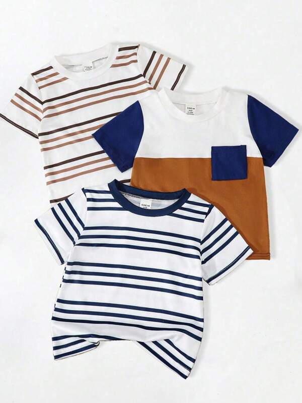 SHEIN Playful Pals Conjunto de 3 peças de camiseta de malha casual e confortável para bebês meninos, multicolorida, listrada, com bolso, gola redonda, manga curta, primavera/verão