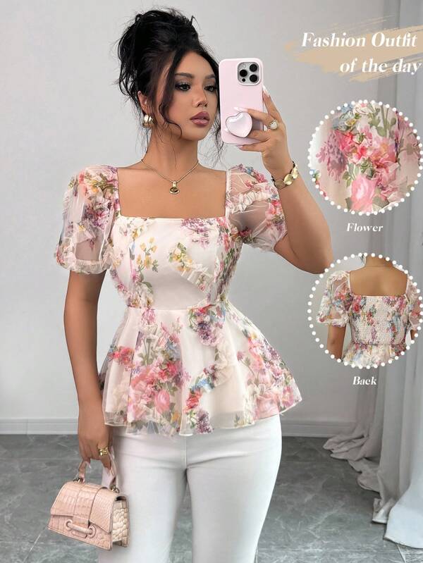 Elenzga Women's Summer Vacation Floral Print Breathable Sheer Square Neck Puff Sleeve Peplum Top