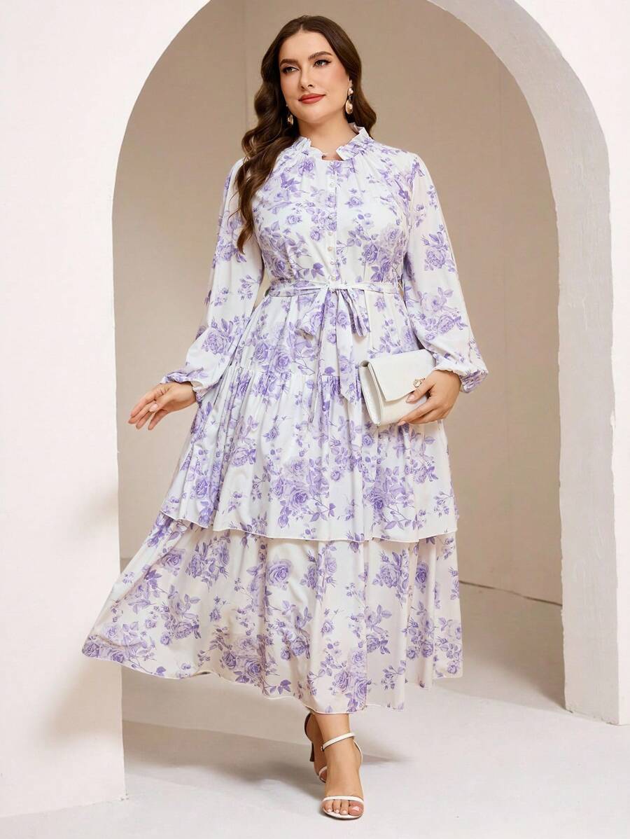 Veilorie Plus Size Women's Mandarin Collar Lantern Sleeve Floral Print Casual Loose Arabic Style Dress, Summer - Mauve Purple - View 1