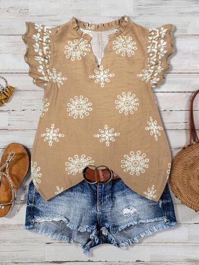 Franclia Women's Casual V-Neck Ruffle Trim Fitted Blouse, Suitable For Commuting, Summer