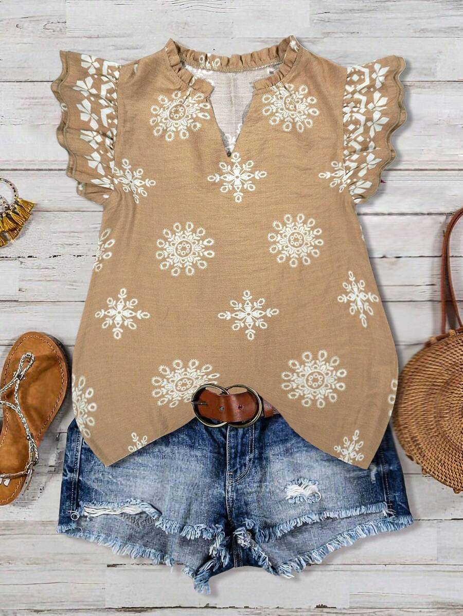 SHEIN LUNE Blusa de mujer casual con cuello en V y ribete de volantes, ajustada, adecuada para uso diario, verano - Marrón - Ver 1