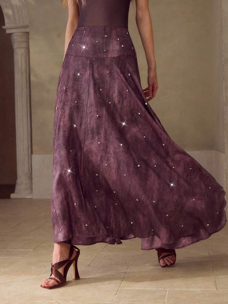 TIE DYE RHINESTONE DETAIL FLARE HEM SKIRT