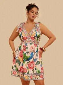 Travachic Plus Size Women's Summer Casual Vacation Shoulder Tie Bow Tropical Print Mini Dress