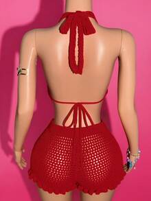 Slaydiva Bộ 2 áo len crop top ngắn tay buộc dây màu trơn thời trang xuân hè mới cho nữ, đi nghỉ mát, thường ngày, có viền nhún bèo, quần short mini 2 món - Đỏ - Xem 2