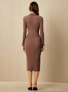 Poéselle Elegant Ribbed Knit Bodycon Sweater Dress For Women – Long Sleeve Collared Midi Dress,Ribbed Knit Dress,Long Sleeve Knit Dress,Autumn Midi Dress Women,Fall Winter Dress Women