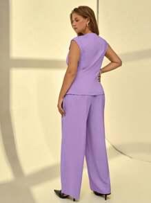 Auralis Plus Size Solid Color Front Button Shirt & Trousers 2 Pieces Set, Elegant - Mauve Purple - View 2