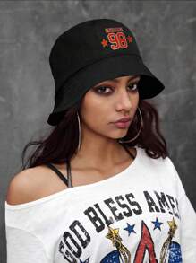 ROMWE Grunge Punk 1pc Fashionable Black English Numeral Pattern Sun Protection Bucket Hat For Women - Multicolor - View 5
