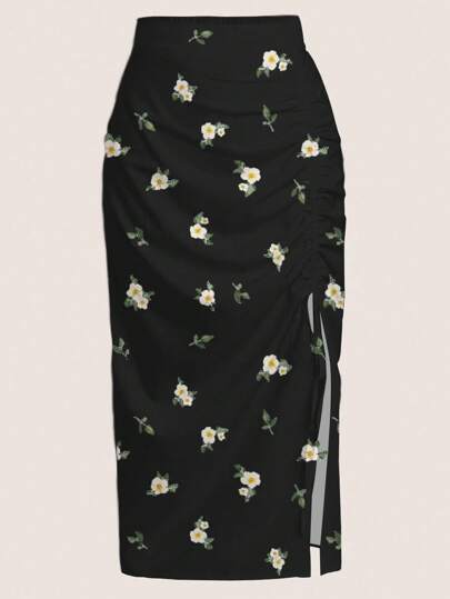 SHEIN LUNE Plus Size Floral Print Slit Hem Casual Vacation Skirt