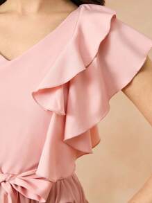 Elegant Ruffled Hem Patchwork Teen Girls' Short Sleeve Round Neck Wedding Party Dress - Pink - View 7