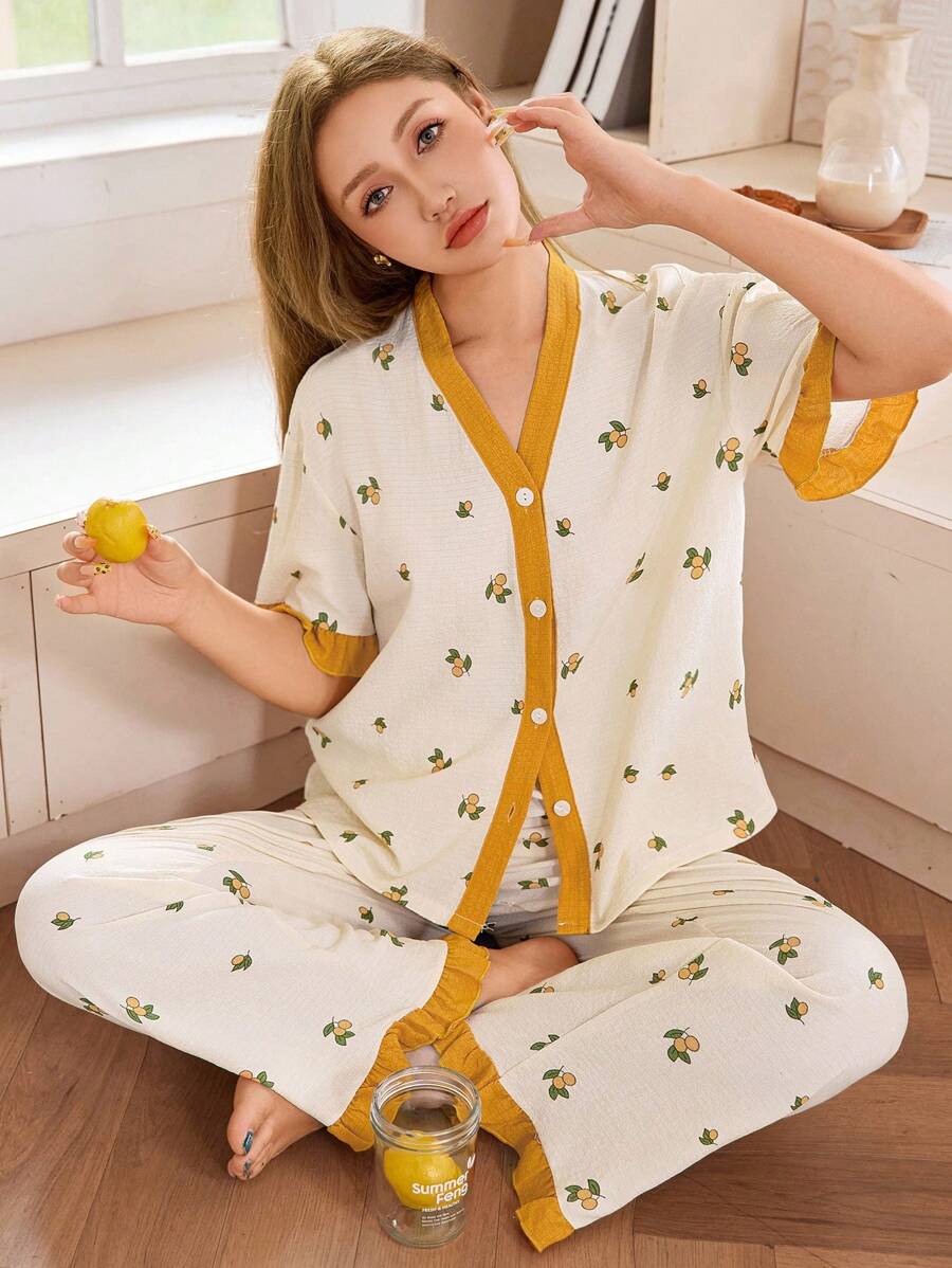 Dream Adore 泡泡皱水果印花纽扣撞色短袖衬衫和裤子女士睡衣套装柠檬睡衣套装女士睡衣套装可爱睡衣套装夏季睡衣套装女士睡衣套装