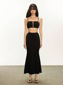 INAWLY Women's Summer Solid Color Knit Sexy Y2K Detachable Strap Beaded Midriff-Baring Long Dress - Black - View 5