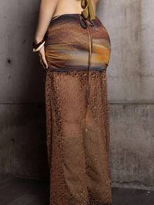 Steff Loaiza Concert Outfit Women Western Wear Boho Knitted Mesh Printed Side Slit Skirt For Women