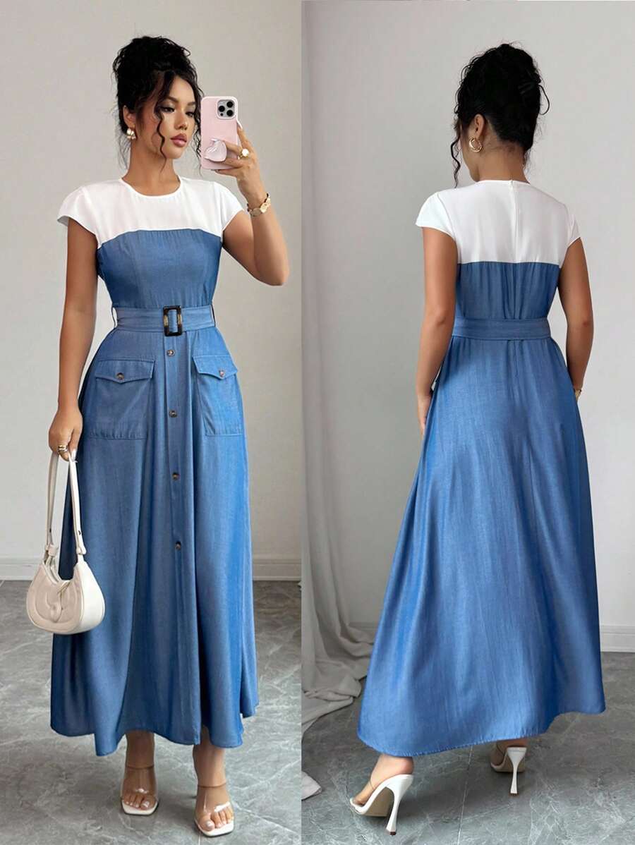 Rafferiza 优雅通勤口袋装饰扣领盖袖腰带合身蓝白连衣裙 - 藍色 - 查看 1