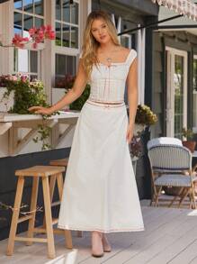 WESTFADE Top ajustado con cuello cuadrado, lazo y corte Keyhole con bordado de ojales y cinta de satín, y falda maxi con lazo en la cintura y fluida, conjunto veraniego de estilo country y boho para concierto, brunch o vacaciones en la playa