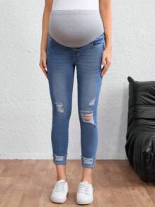 SHEIN Maternity High Waist Ripped Skinny Casual Versatile Jeans - Medium Wash - View 3