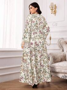 Al Najma 大码女式花卉印花 V 领喇叭袖侧系腰阿拉伯风格连衣裙 - 杏色 - 查看 2