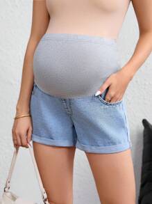 SHEIN Maternity Patchwork High Waist Pockets Casual Versatile Denim Shorts - Light Wash - View 5