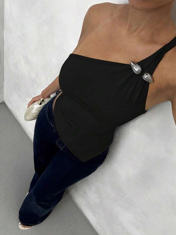Glamine Elegantes Damen Top mit einem Schulterriemen und Metallschnalle, chic im Vintage-Stil
