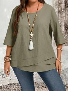 EMERY ROSE Plus Size Asymmetric Hem Green Country Shirts Fall Clothes,Teacher Shirts - Olive Green - View 5