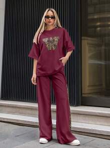 EURMUSE Woman Solid Color Leopard Patch Detailed Short Sleeve Drop Shoulder Top T-Shirt And Side Leopard Panel Detailed Wide Leg Sweatpants 2 Pieces Outfits Co Ords Weekend Outfit Relax Comfy Leisure - Burgundy - View 4