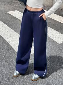 SHEIN Teen Girls Navy Blue Side Striped Drawstring Waist Long Pants,Back To School,Fall,Y2k,Halloween,Glowmode,Autumn,Holiday - Navy Blue - View 6