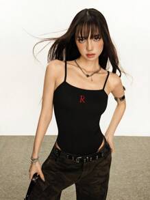 INAWLY 女式纯色“Hottie”字母刺绣吊带紧身衣 - 黑色 - 查看 5