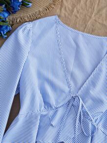 Soleia 女士休闲度假结饰前系长袖衬衫，适合所有场合，适合夏季淡蓝色上衣浅蓝色上衣条纹系带前上衣女士夏季上衣蓝色条纹衬衫秋冬