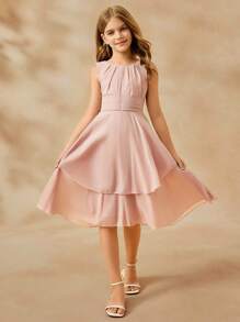 少女优雅长款粉色吊带连衣裙，适合派对、度假、正式晚宴、伴娘、舞会、宴会、生日、婚礼等场合