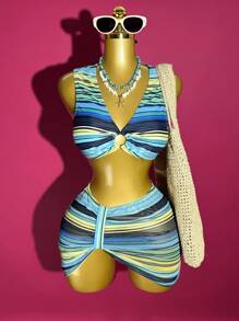 Slaydiva 2 Pieces Striped Swimwear Set - Style A, Fashionable For Summer, Tank Tops - Multicolor - View 1