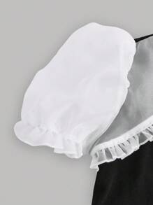 SHEIN 女童纯色针织拼布泡泡袖修身迷你连衣裙 - 黑色 - 查看 5