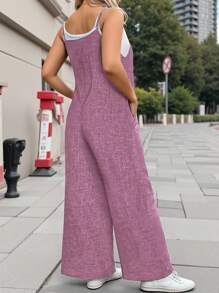 EMERY ROSE Plus Size Denim Effect Textured Square Collar Casual Jumpsuit - Dusty Pink - View 2